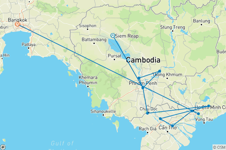 Carte du circuit Le fascinant Vietnam, le Cambodge et le Mékong avec Bangkok (en direction du sud) 2025