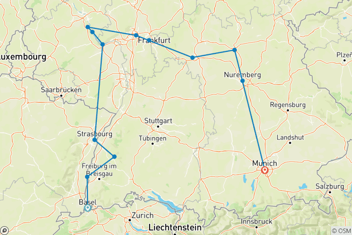 Carte du circuit La grandeur de l'Allemagne avec 2 nuits à Munich (en direction de l'est) 2025