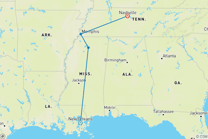 Map of America's Music Cities Holiday featuring New Orleans, Memphis & Nashville (New Orleans, LA to Nashville, TN)