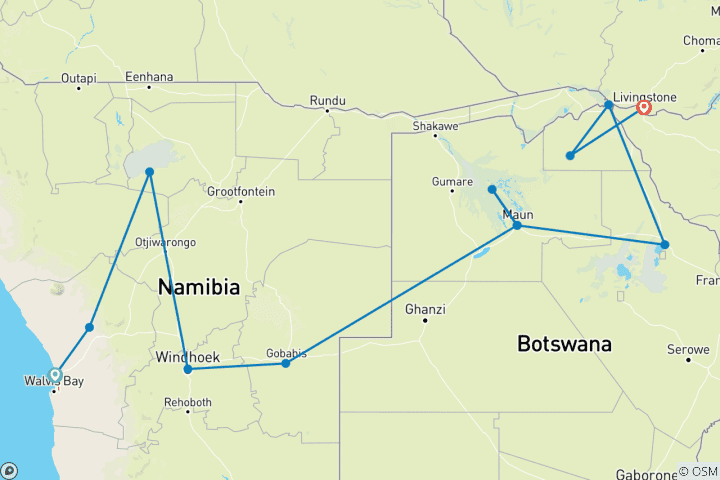 Map of Namibia to Falls (Accommodated) - 12 days