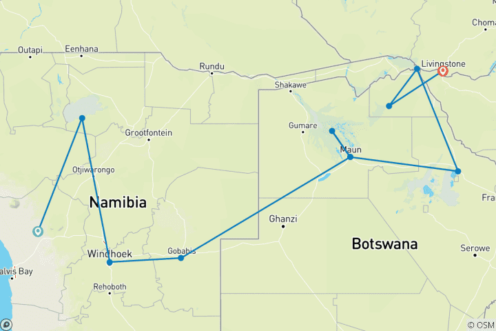 Map of Namibia to Falls - 12 days