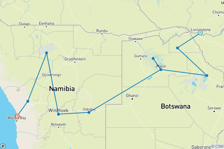 Mapa de De las cataratas a Namibia - alojamiento - 12 días