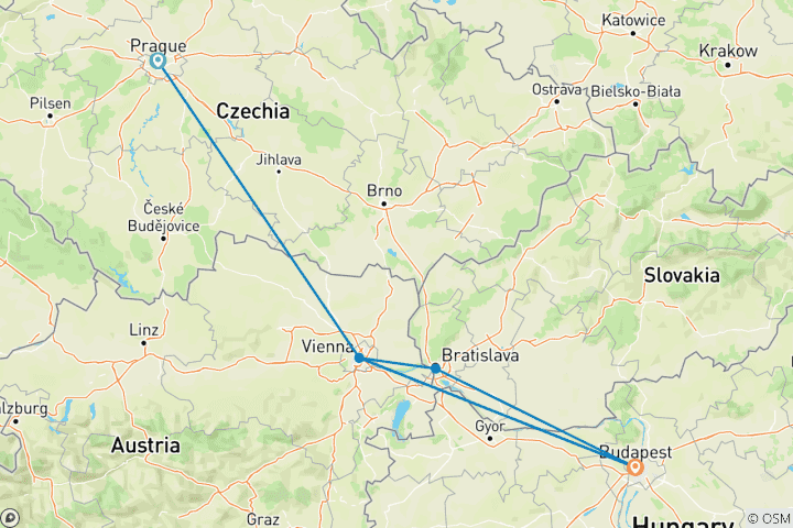 Carte du circuit Prague, Vienne et Budapest (hiver 25/26 uniquement)