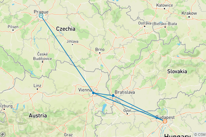 Carte du circuit Prague, Vienne et Budapest (hiver 24/25 et 25/26 uniquement)
