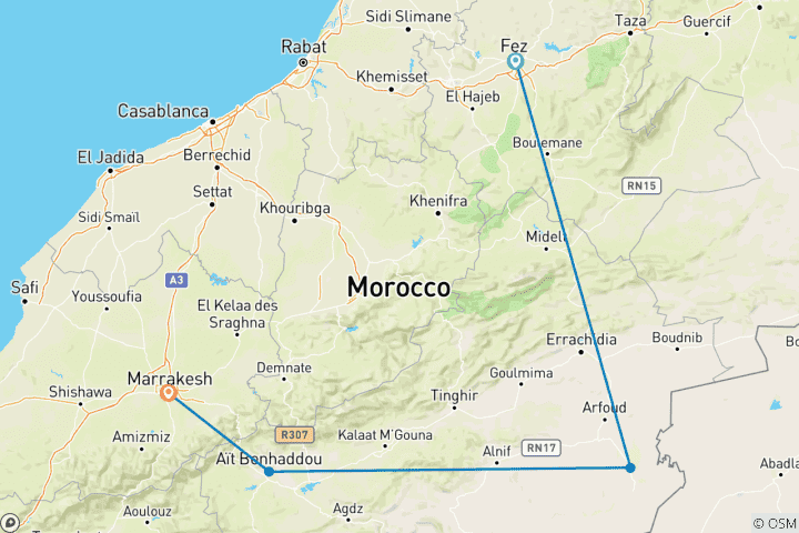 Map of Moroccan Highlights: Fes, the Sahara Desert, & Marrakech - 6 Day