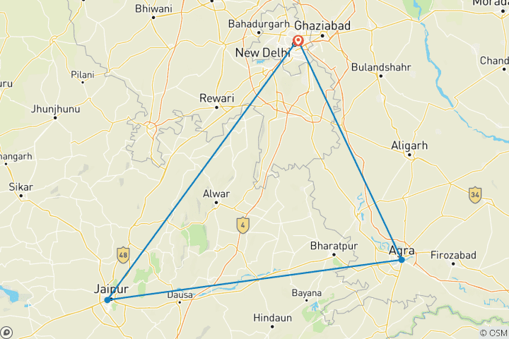 Map of Luxury Golden Triangle India Tour (Delhi, Agra and Jaipur)-5 star Hotel Accommodation