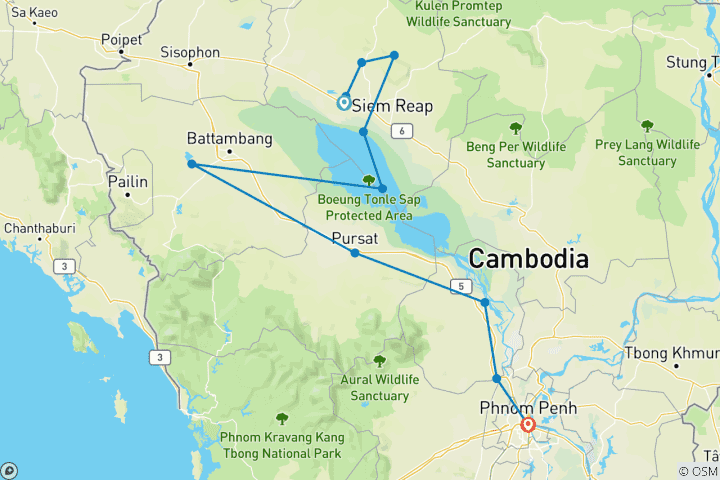 Kaart van Cambodja Actief Ontdekkingsreis: 9 daags avontuur door tempels, fietsen, trekking, boottocht