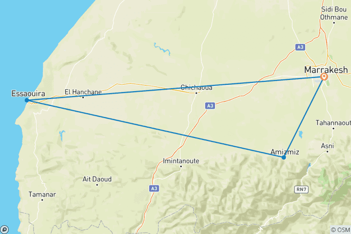 Karte von Ultimative Marrakesch, Atlasgebirge & Essaouira Tour - 6 Tage Kultur, Wandern & Küstenflucht