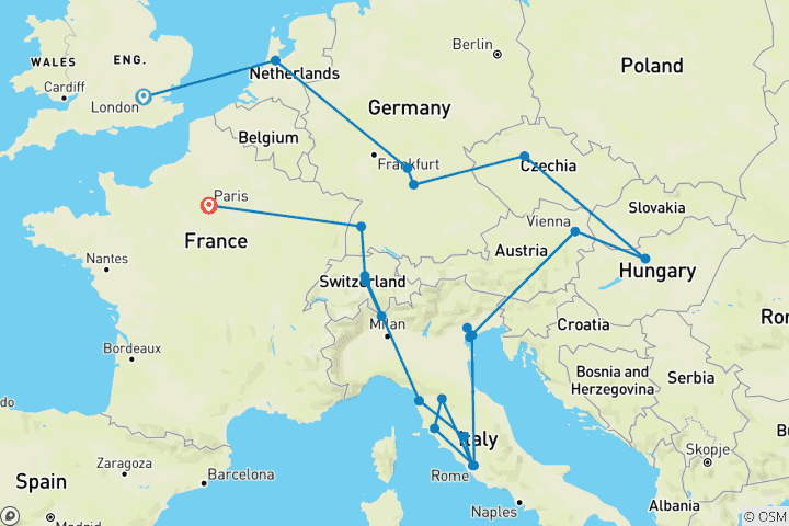 Carte du circuit Romantisme européen (petits groupes, début Londres, fin Paris, 20 jours)