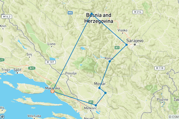 Karte von Bosnien ab Baska Voda mit Pocitelj, Blagaj, Mostar, Sarajevo & Travnik - 3 Tage