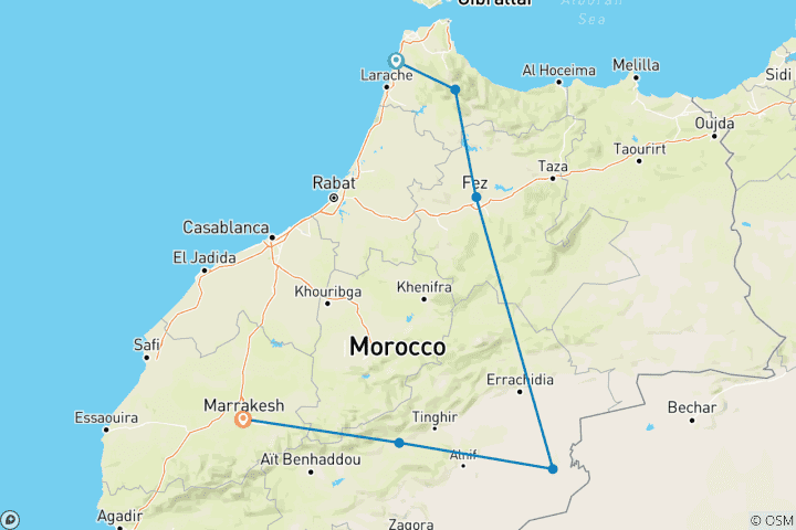 Carte du circuit Les points forts du Maroc, de la plage au désert : Fès, Marrakech, le Sahara et plus encore - 7 jours