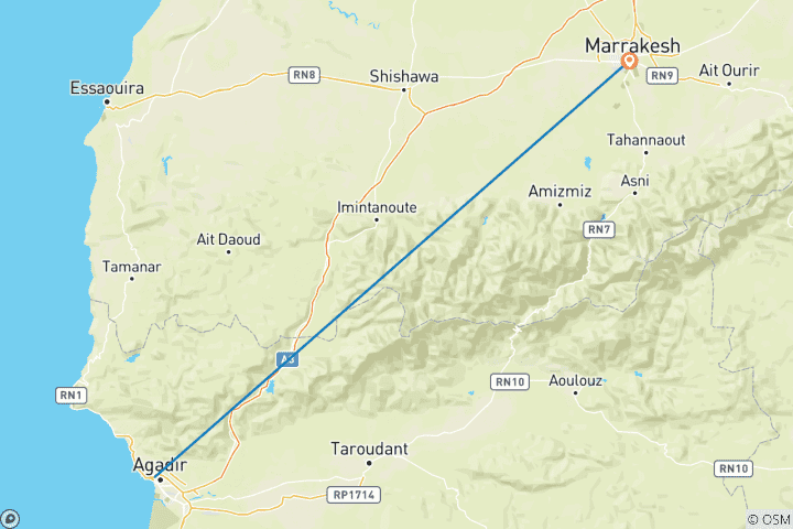 Mapa de Viaje familiar por Marruecos: Agadir y Marrakech - 7 días