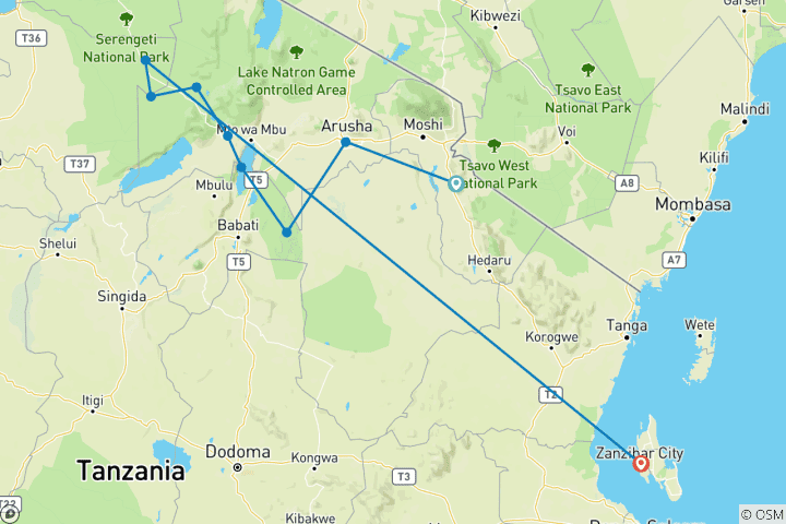 Carte du circuit Du Kilimandjaro à Zanzibar 11 jours de safari et d'aventures sur les îles tropicales