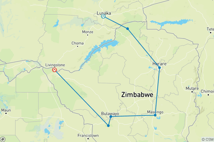 Carte du circuit 11 jours à la découverte des 5 sites du patrimoine mondial de l'UNESCO au Zimbabwe