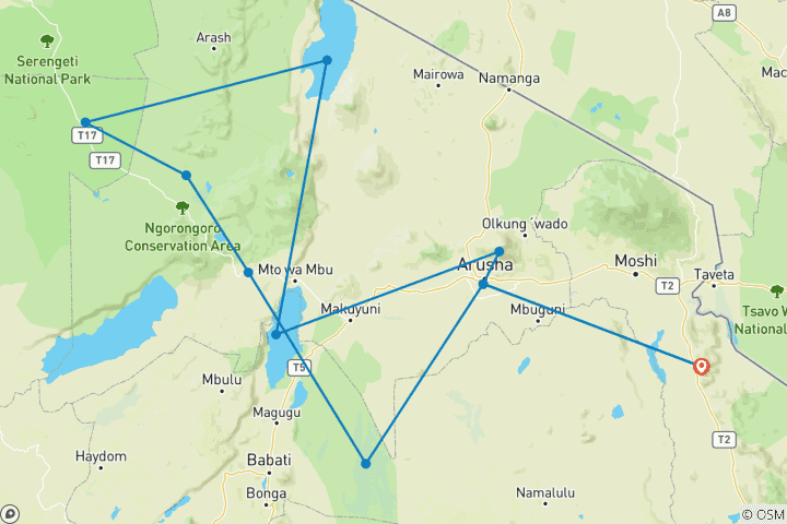 Mapa de Desde Arusha: Aventura de safari de 11 días - De lago en lago