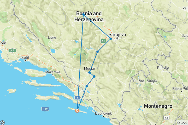 Karte von Bosnien ab Mljet mit Pocitelj, Blagaj, Mostar, Sarajevo & Travnik Kukturreise - 8 Tage