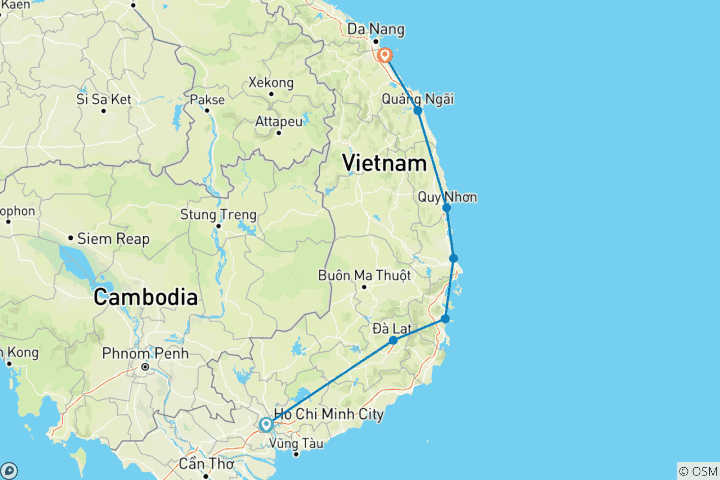 Map of Vietnam bike tour: Saigon to Hoi An