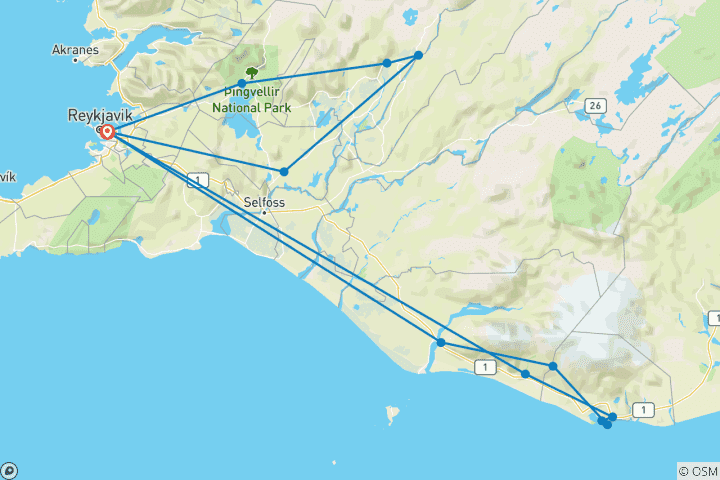 Carte du circuit Forfait d'hiver de 3 jours avec le Cercle d'Or, la Côte Sud et les Aurore