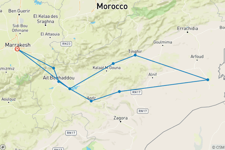 Kaart van 4-daags Sahara woestijnavontuur van Marrakech naar Merzouga