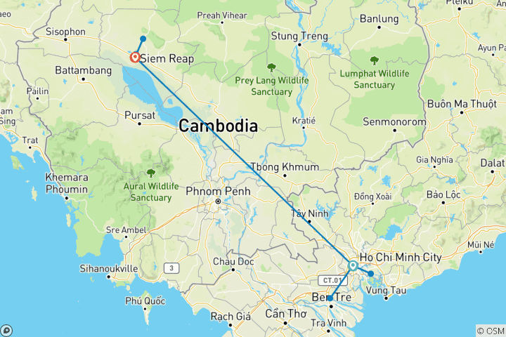 Mapa de Lo más destacado de Vietnam del sur y Siem Reap