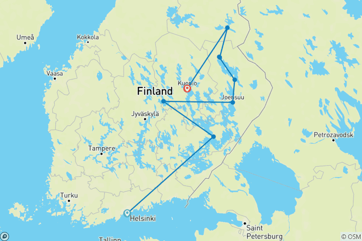 Map of Self-drive Tour Helsinki - Kuhmo With Happy Holidays Memories