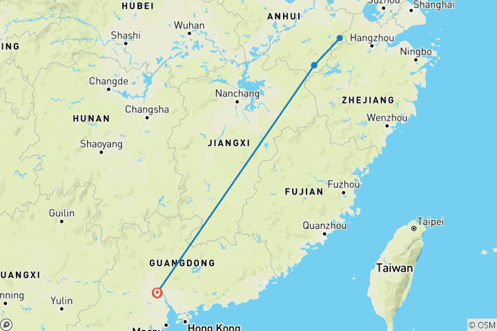 Carte du circuit 5 jours d'exploration du Mont Jaune, de Xidi et du village de Hongcun en vol aller- retour depuis Guangzhou