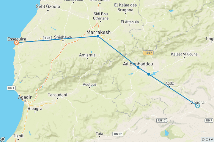 Mapa de Circuito de lujo al sur de Marruecos - 8 días