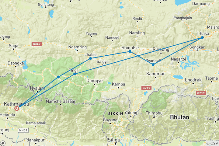 Map of Drive in Drive out - Kathmandu - Lhasa - Kathmandu Tour