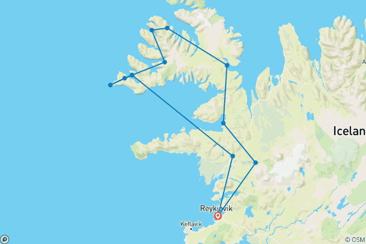 Carte du circuit 8 jours dans les Westfjords d'Islande