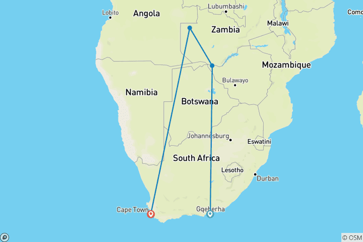 Carte du circuit Expérience des chutes Victoria au départ de Port Elizabeth 3 jours/2nuits