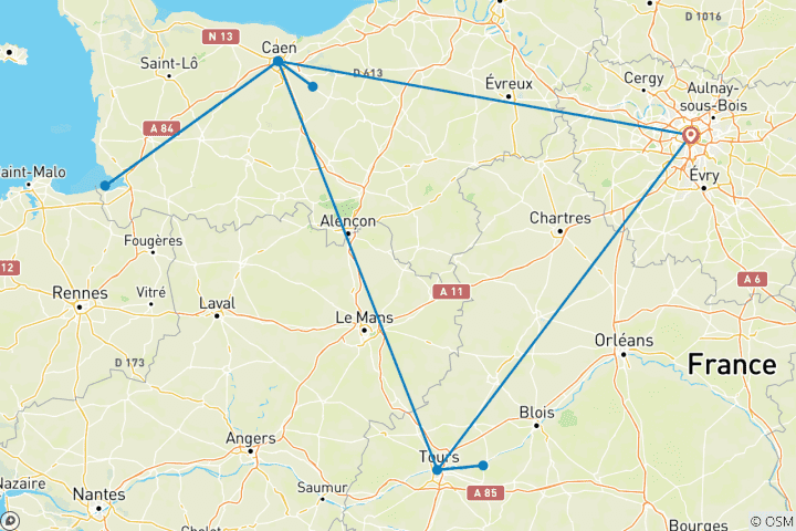 Mapa de Circuito privado personalizado por Francia, París, Normandía y valle del Loira, salida diaria