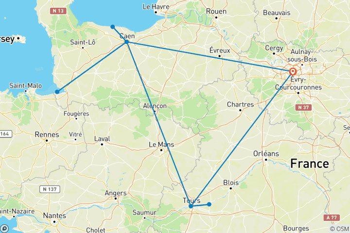 Carte du circuit Circuit privé sur mesure à Paris, en Normandie et dans la vallée de la Loire, départ quotidien