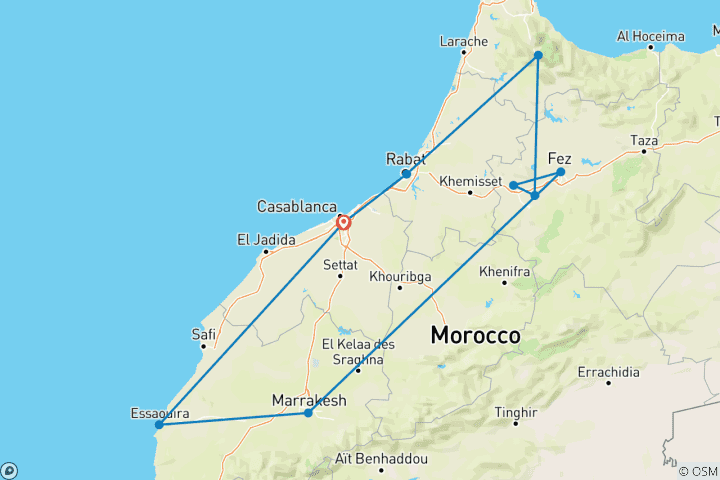 Map of Moroccan Imperial Cities & Atlantic Coast – 9 Days from Casablanca (Luxury Small-Group Tour)