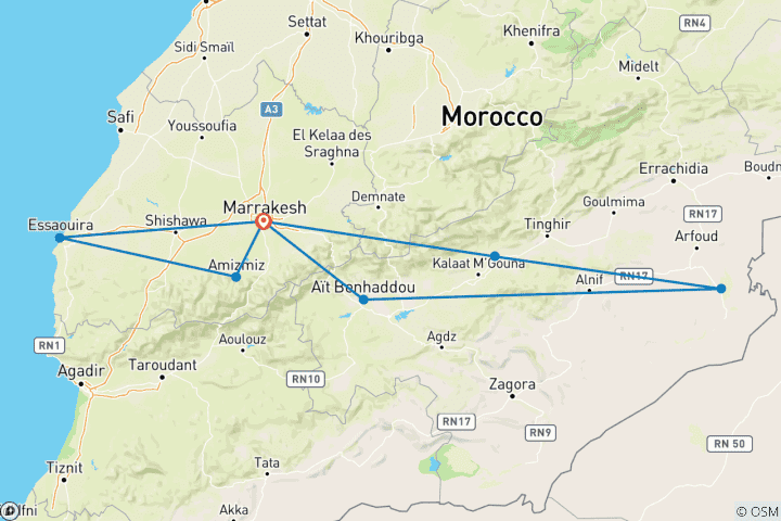 Map of Moroccan Adventure, Culture & Relaxation - 9 Days