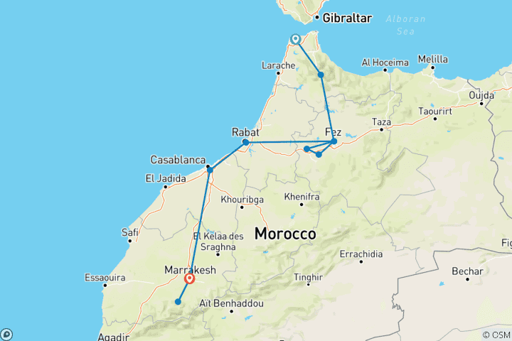 Karte von Marokko von Norden nach Süden: Städte & Atlas Wanderreise - 9 Tage