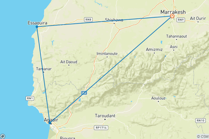 Carte du circuit Maroc avec objectif : Marrakech, Agadir et Essaouira - 9 jours