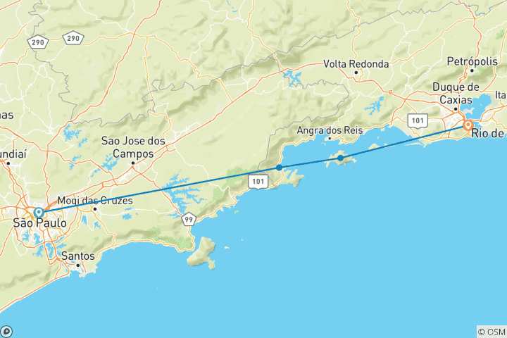 Carte du circuit Toute la côte verte de Sao Paulo à Rio, avec les zones maritimes autour de Rio