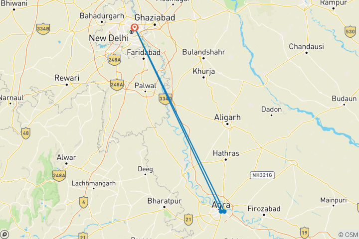 Mapa de Circuito de un día con todo incluido al Taj Mahal, el Fuerte Rojo de Agra y el Baby Taj desde Delhi en coche privado