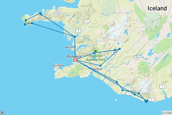 Map of 3 Day Best of Iceland Package