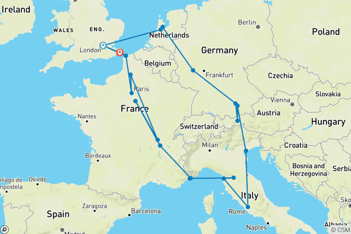 Karte von Höhepunkte Europas ab London - 14 Tage