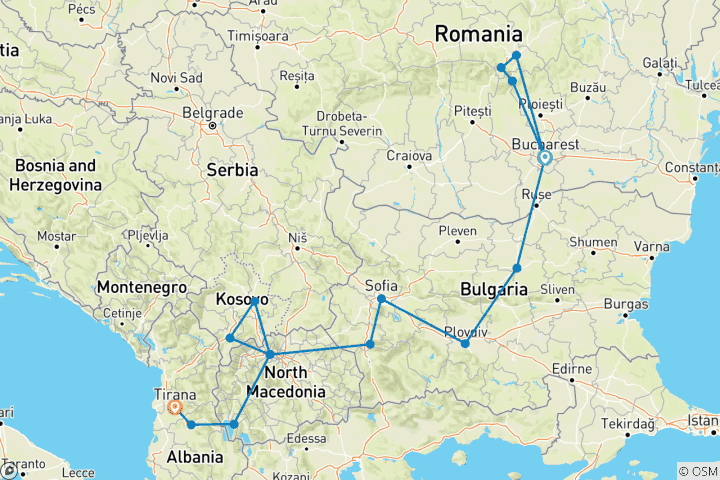 Carte du circuit De la Roumanie à l'Albanie - 4 pays en 12 jours - Voyage privé