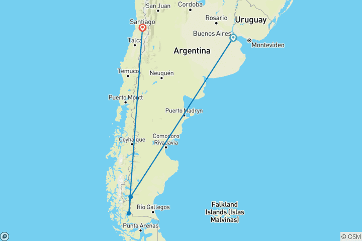 Map of Argentina & Chile : El Calafate, Torre Del Paine W/local flights