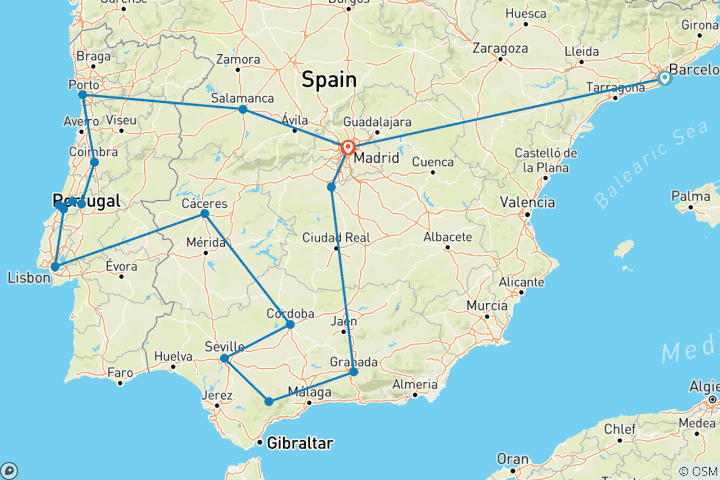 Kaart van Barcelona, Portugal & Andalusië – 16 dagen