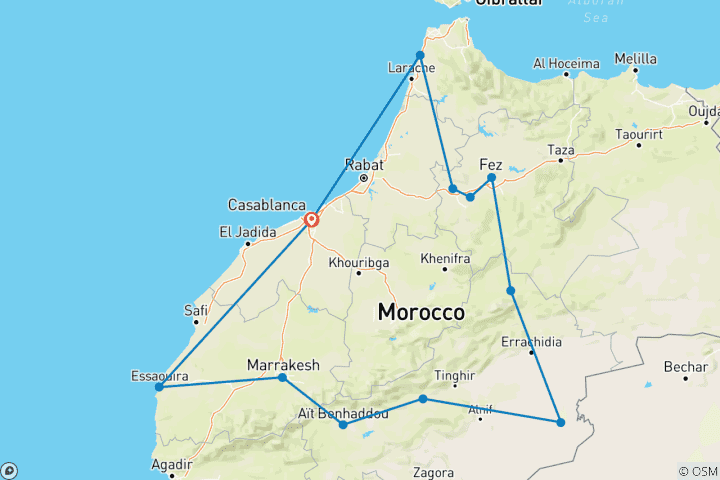 Kaart van Hoogtepunten van Marokko: 14-daagse rondreis door Marokko vanuit Casablanca