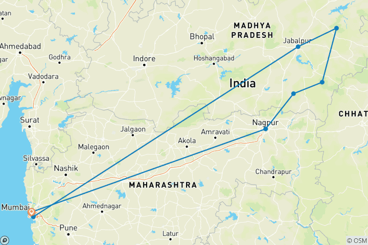 Map of Ultimate Tiger Safari Tour in India with Mumbai