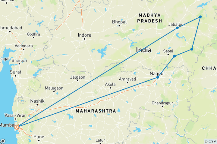 Karte von Indien mit Mumbai und Tiger Safari