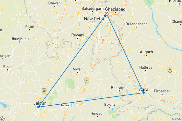 Carte du circuit Delhi Agra Jaipur 3 jours Golden Triangle India Tour - Sans Hôtels