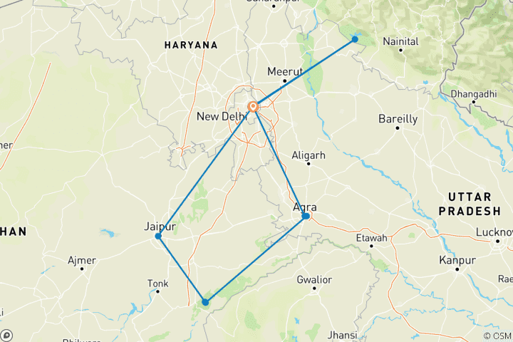 Map of Golden Triangle with Ranthambore and Jim Corbett National Park