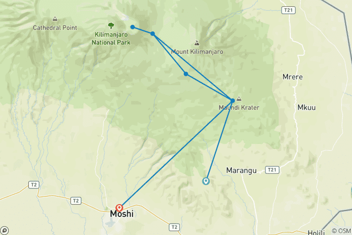 Map of Group Joining Mount Kilimanjaro Climbing through Marangu route 8 Days Tanzania (all accommodation and transport are included)