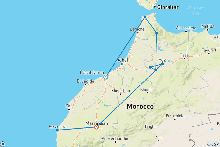 Kaart van 12 dagen Rondreis door Marokko vanuit Casablanca